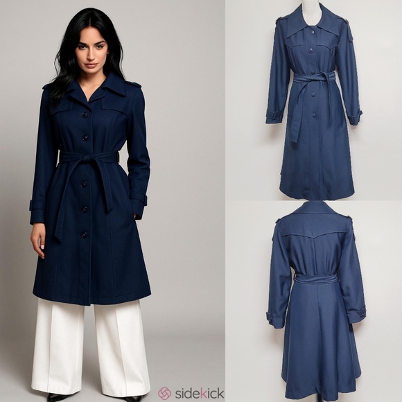 60s Vintage Quality Fashion For You Navy Blue Taffeta Belted Trench Swing Coat - Picture 1 of 13